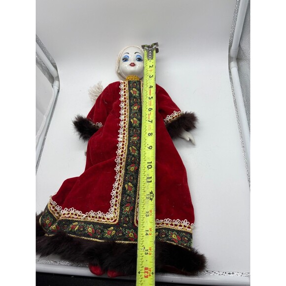 Vintage Russian Porcelain Doll Red Velvet Folk Costume Fur Embroidered Dress 16" - Picture 10 of 10